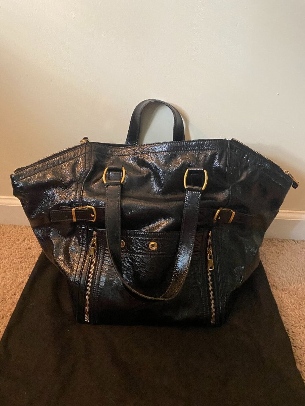 Yves Saint Laurent Black Leather Shoulder Bag with Gold Hardware